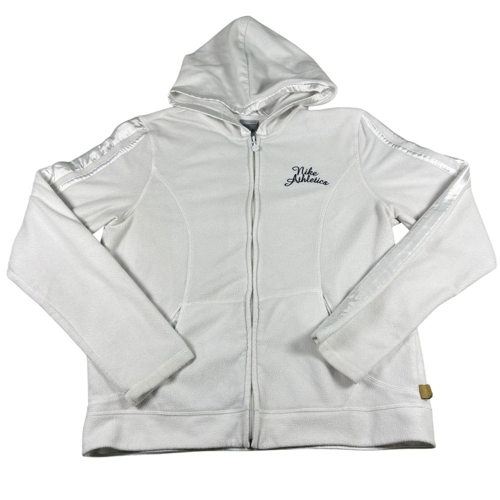 Nike Fleece Hoodie Womens XL Athletics Full Zip White Satin Trim Sporty Retro
